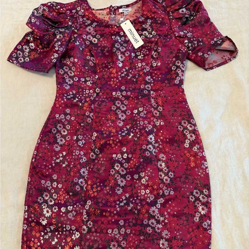 NWT VICI Minuet Petite Burgundy Floral Mini Dress Silk Size L (Ches 36-37”)